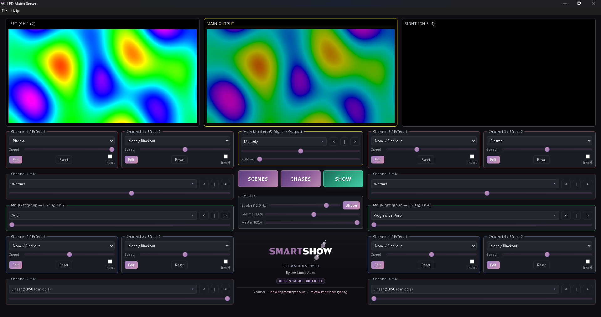 LMS Builder — Scene/Chase Builder with the Jinx-style 4-channel mixer surface, three live previews, and centre brand panel